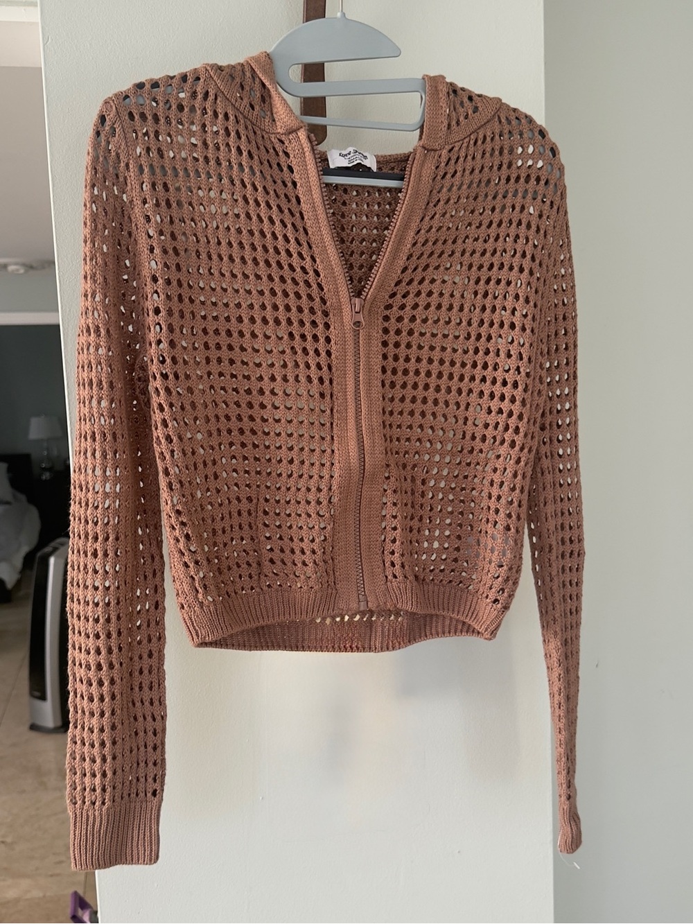 Open-Knit Zip Hoodie Cardigan in Dusty Rose